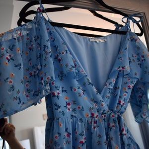 Tularosa Blue Flower Cold Shoulder Wrap Dress